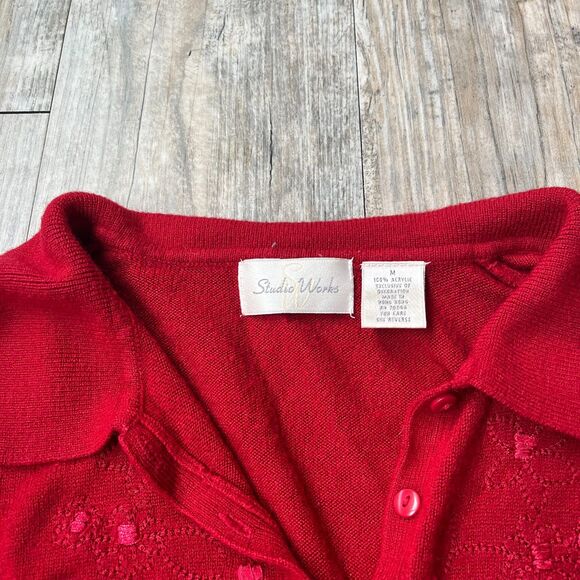 Vintage Sweater Quarter Zip Christmas Red Embroidered Studio Works Medium - Picture 3 of 6